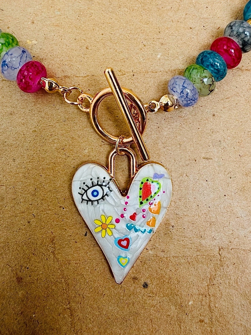 Enamel Heart Beaded Necklace with Toggle Clasp Brand New